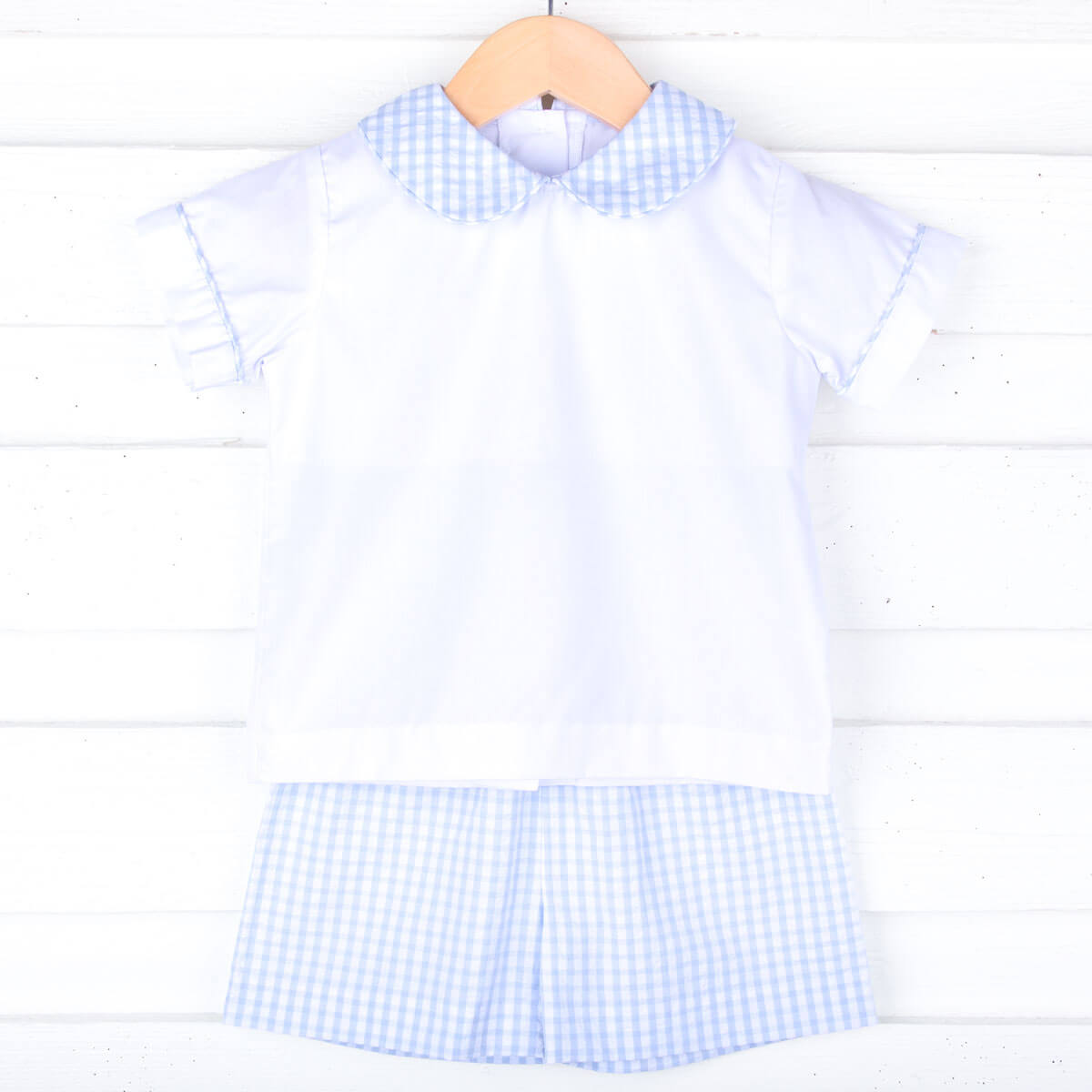 Light Blue Seersucker Check Collared Short Set