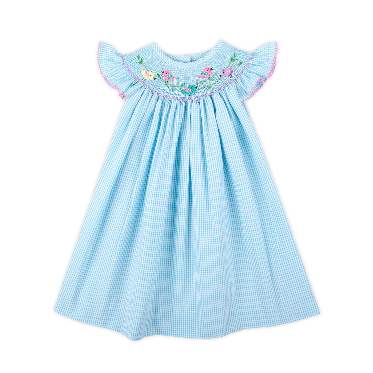 Turquoise Check Bird Smocked Dress