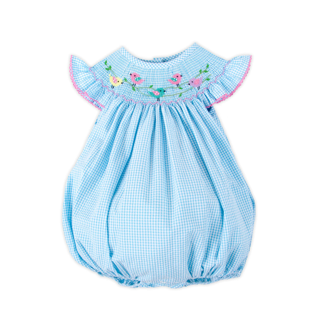Turquoise Check Bird Smocked Bubble