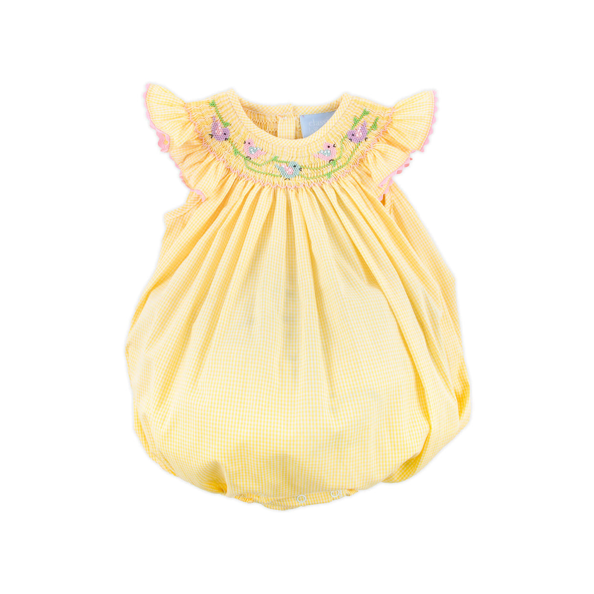 Yellow Check Bird Smocked Bubble