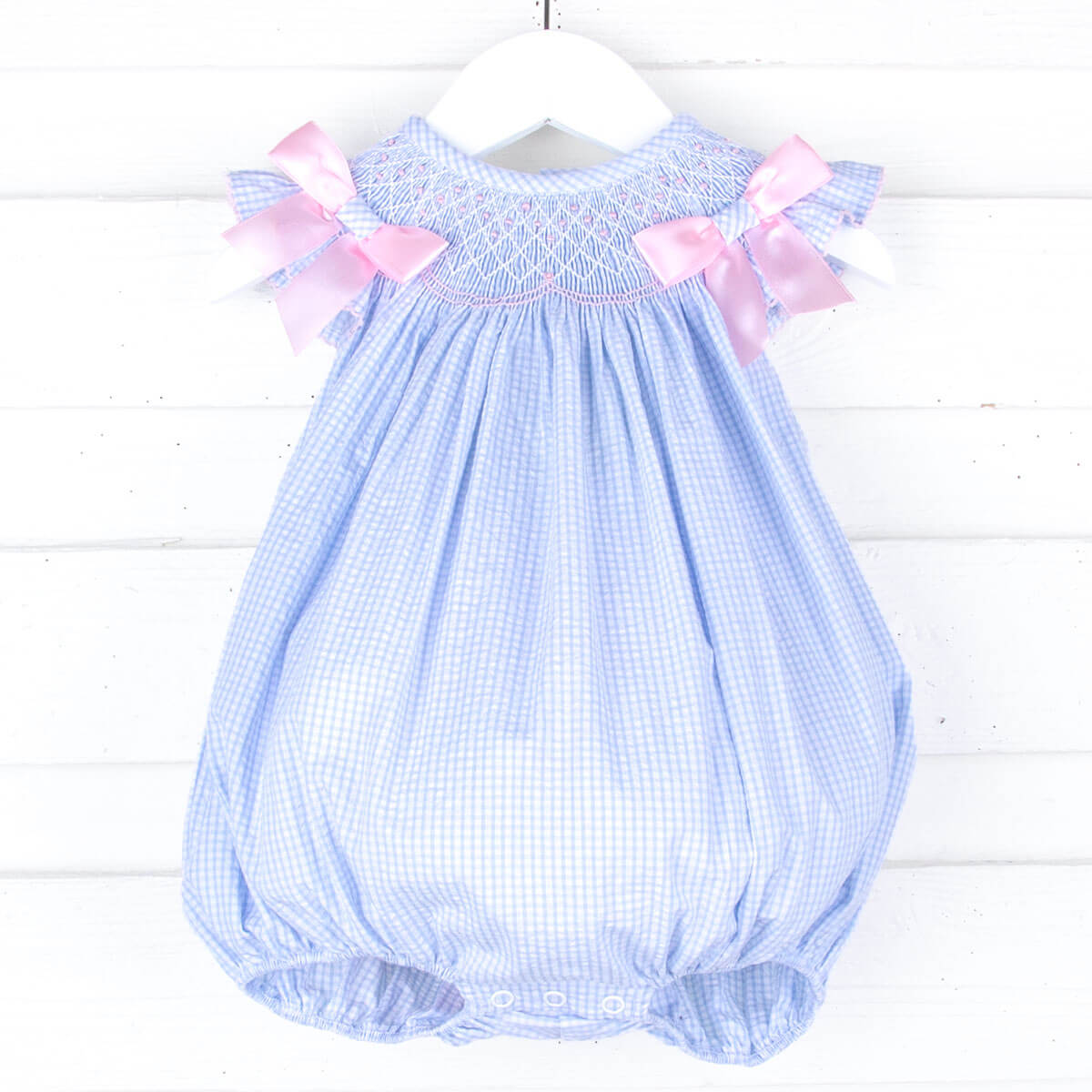 Spring In Blue Seersucker Smocked Bow Bubble
