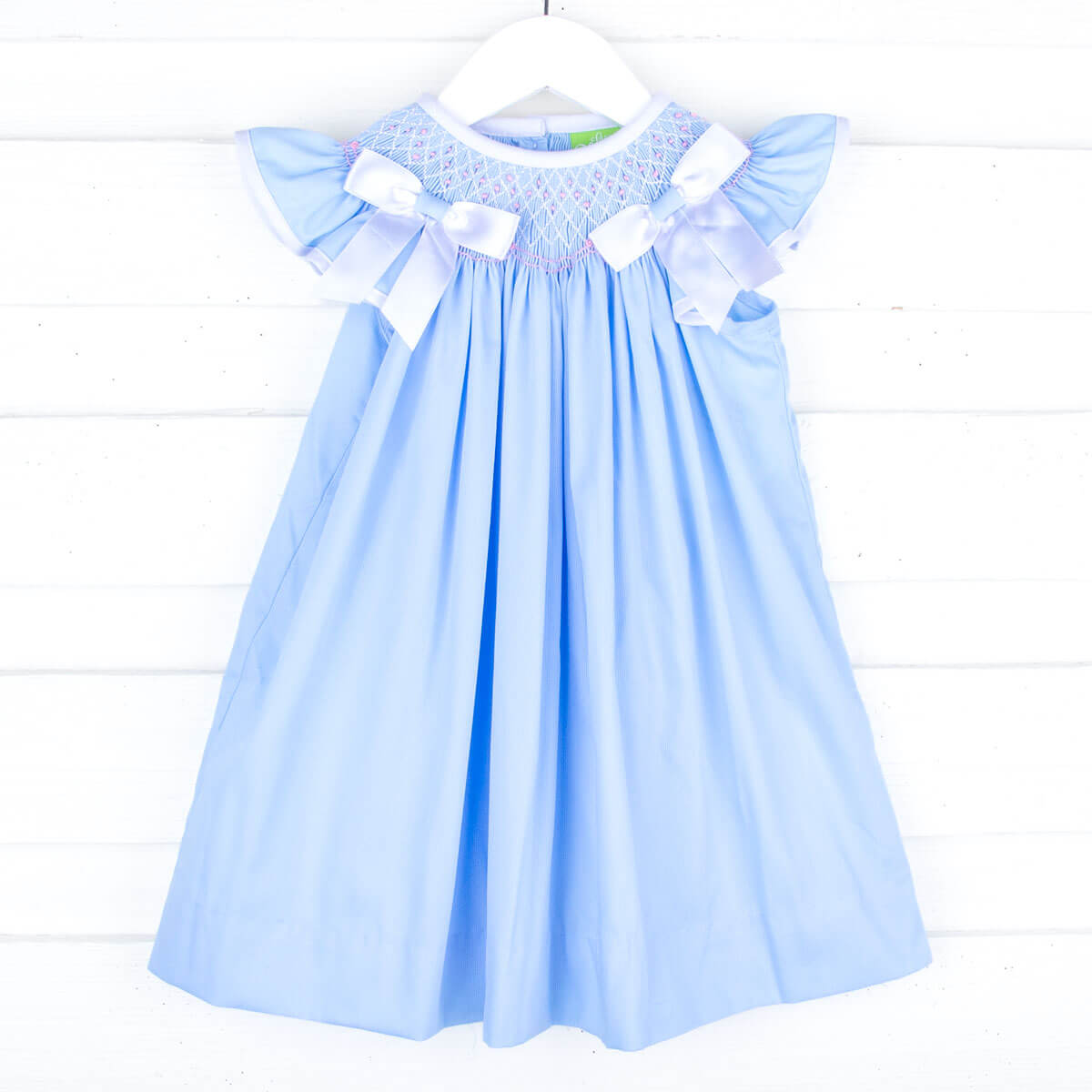Blue Pique Smocked Bow Dress