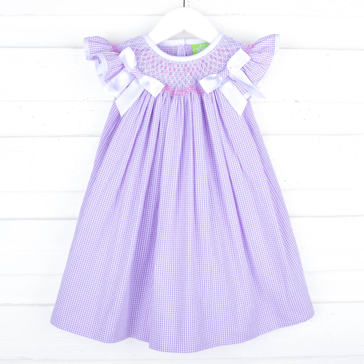 French Lavender Gingham Smocked Bow Dress
