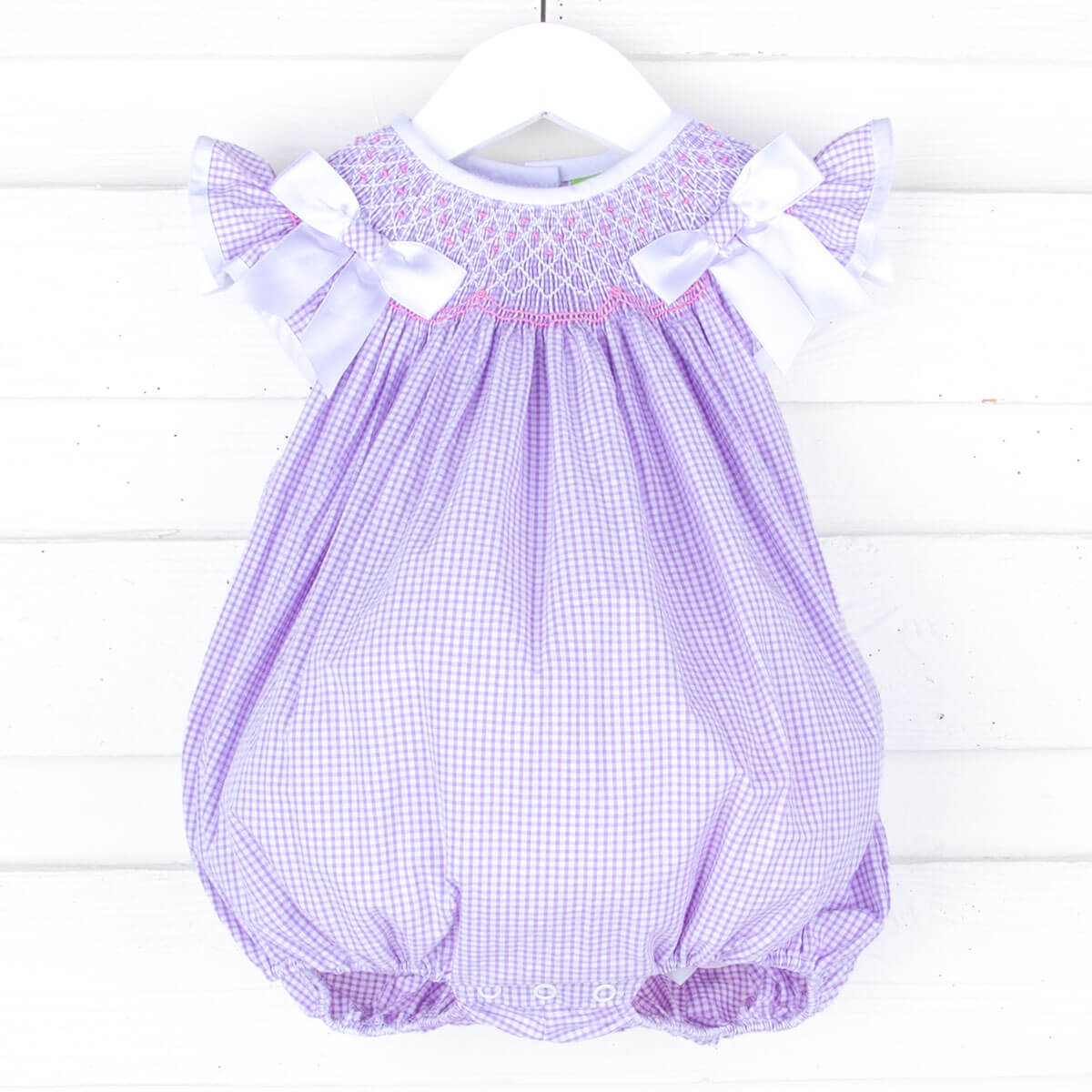 French Lavender Gingham Smocked Bow Bubble