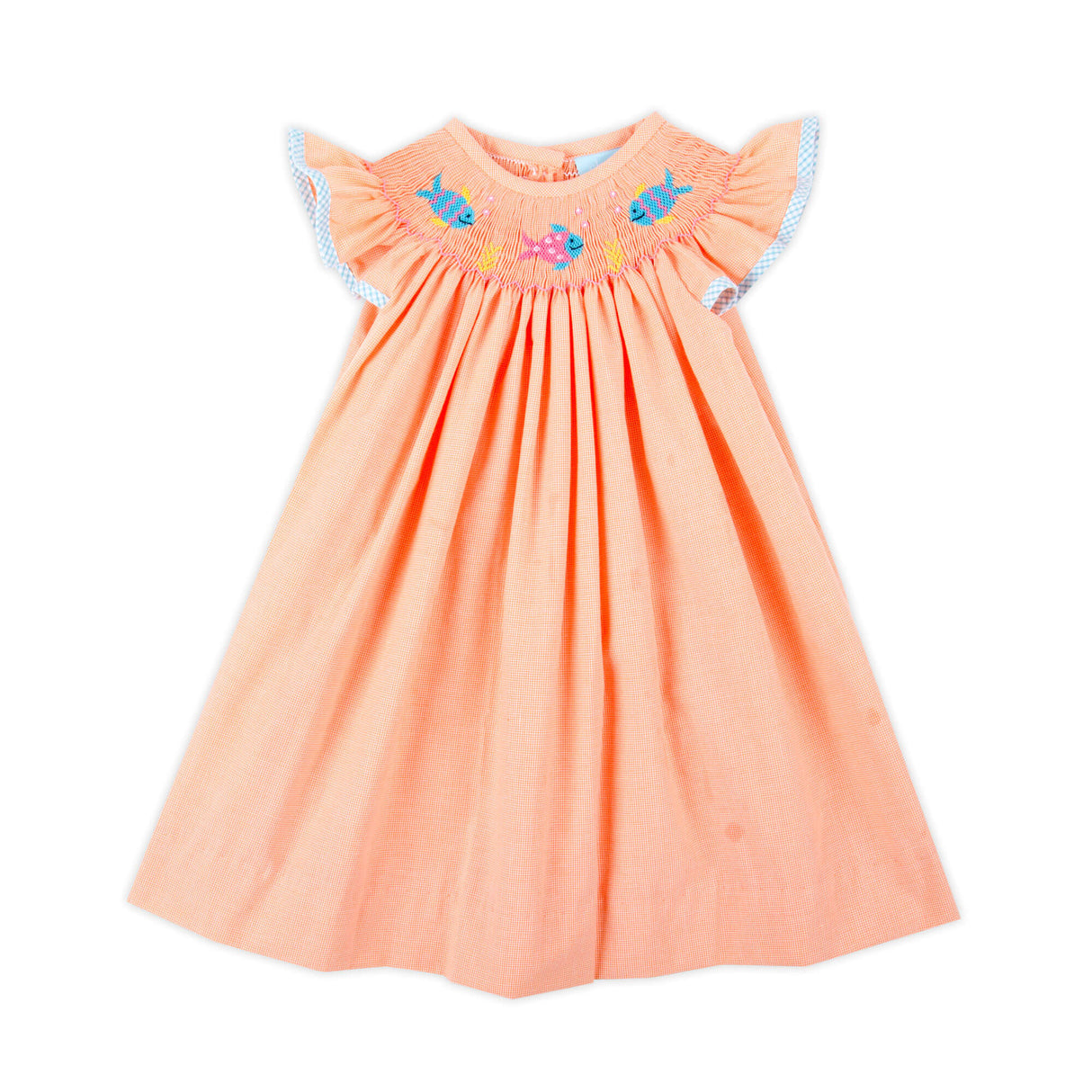 Little Fish Orange Micro Gingham Smocked Angel Sleeve Dress