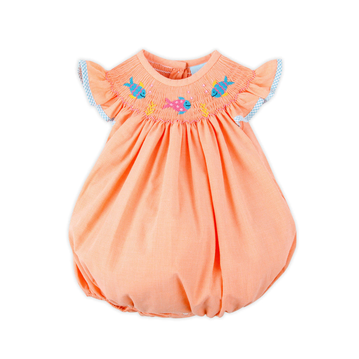 Little Fish Orange Micro Gingham Smocked Angel Sleeve Bubble