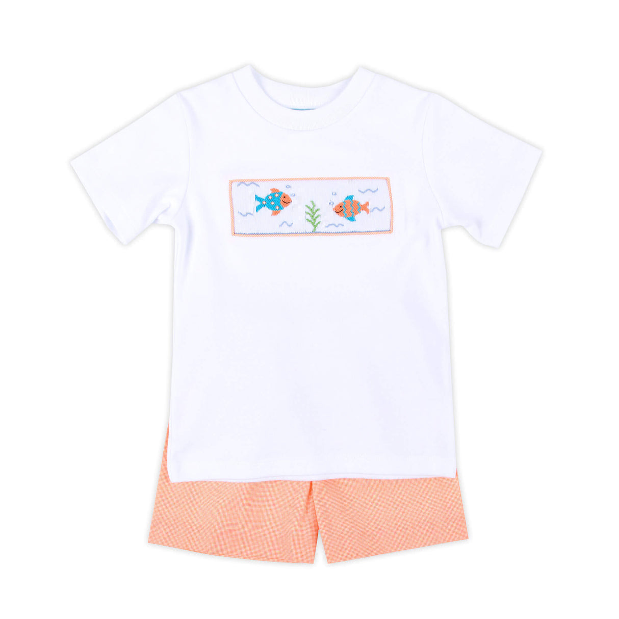 Little Fish Orange Micro Gingham Smocked Short Set