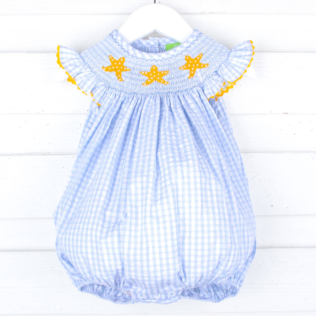 Starfish Blue Seersucker Check Smocked Bubble