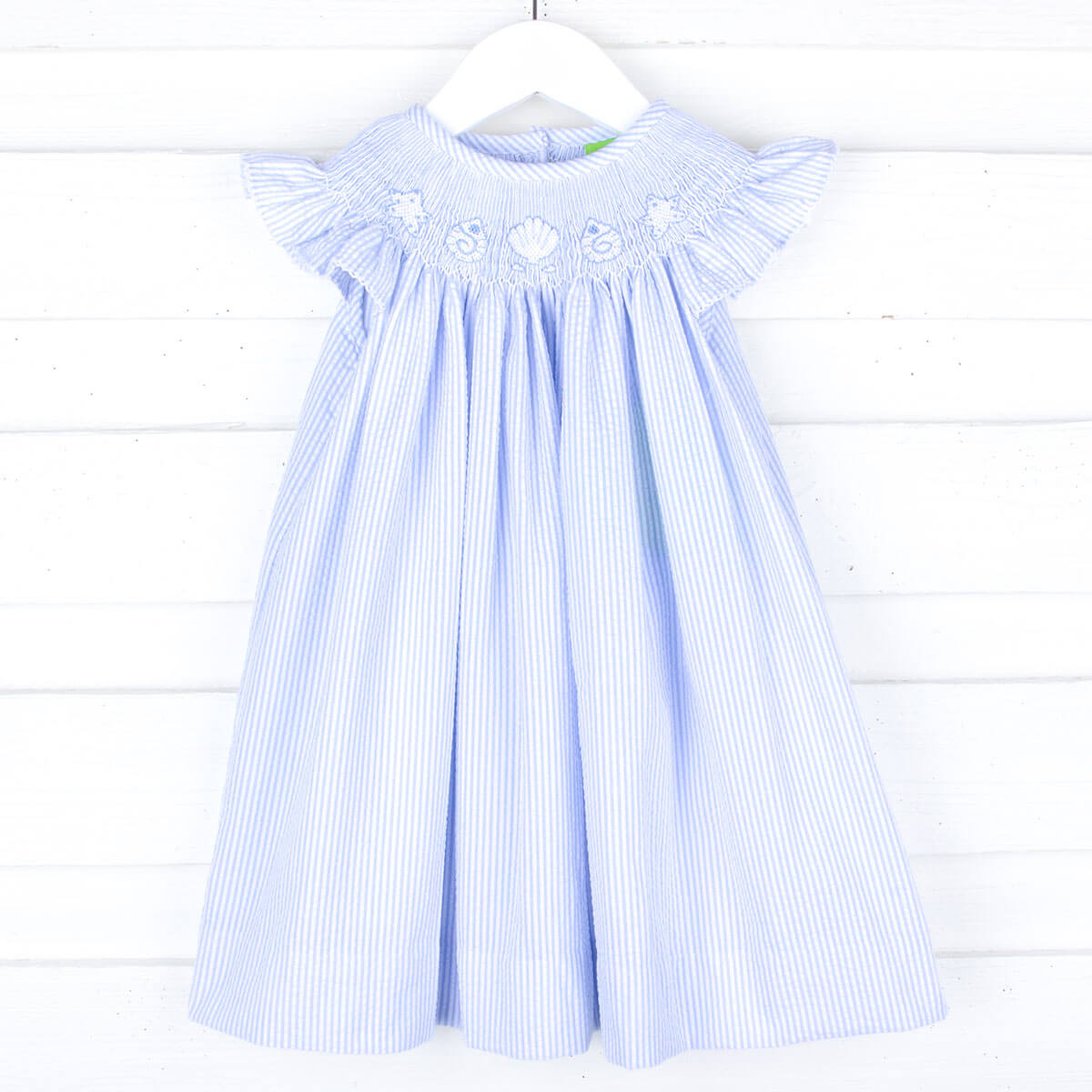 Seashell Treasure Blue Stripe Smocked Angel Sleeve Dress