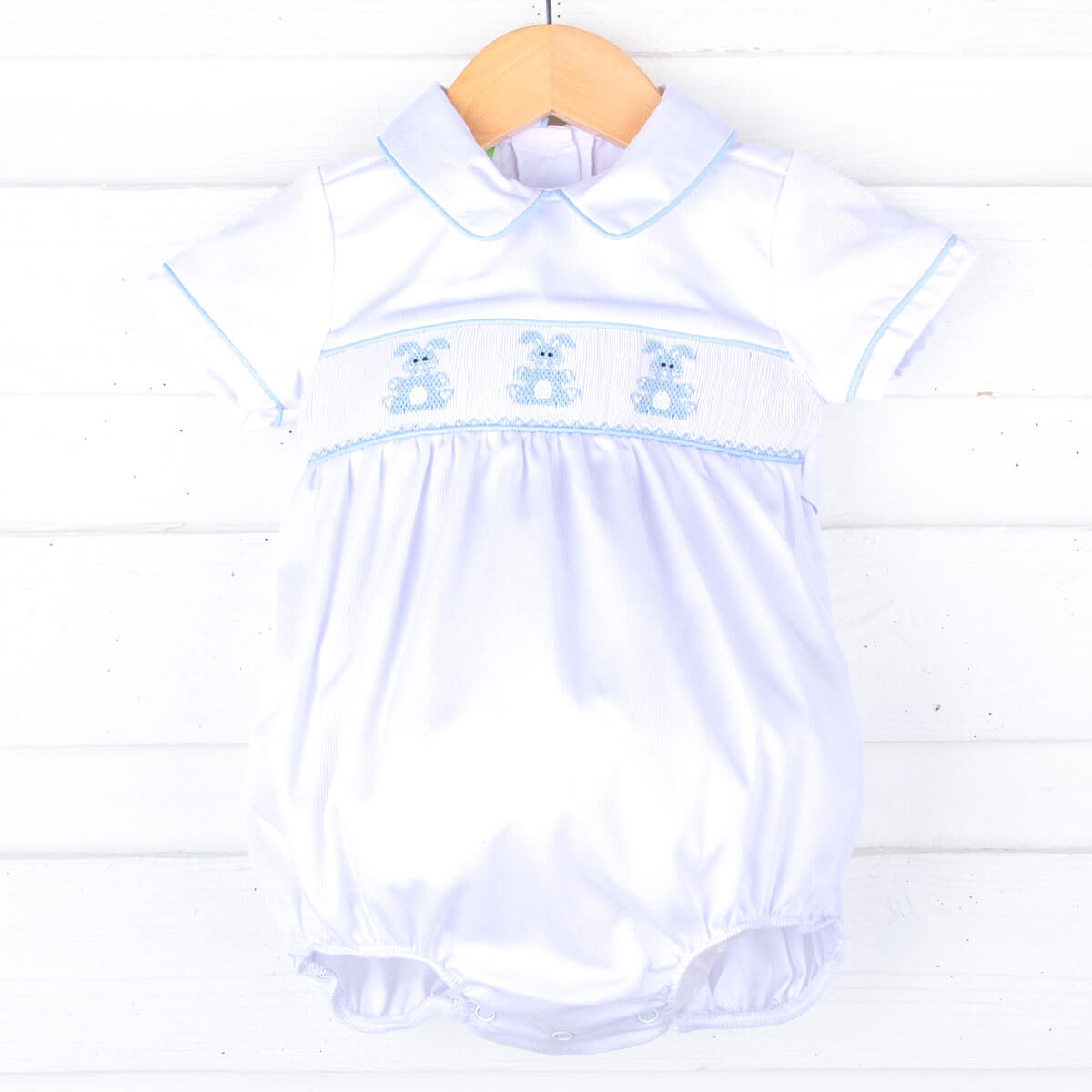 Adorable Bunny White Smocked Collared Boy Bubble