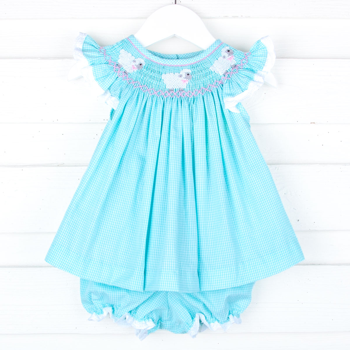 Baby Lamb Smocked Mint Bloomer Set