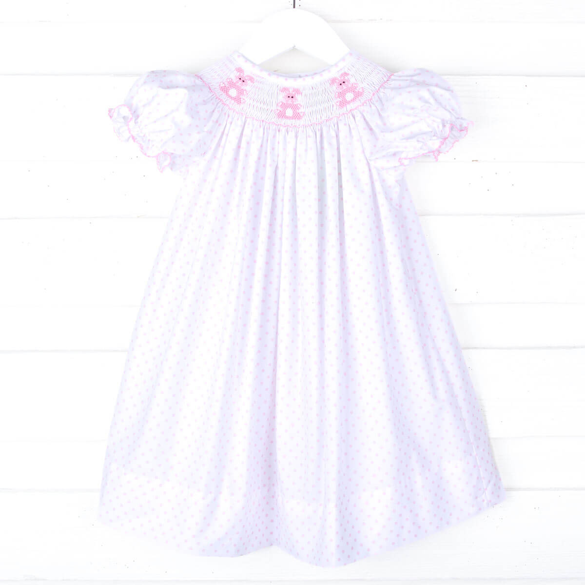 Magical Bunny Pink Dot Smocked Bishop Dress