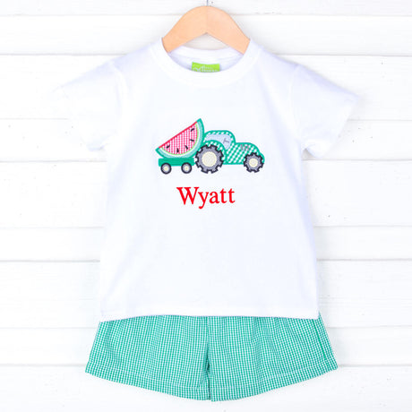 Sweet Watermelon Applique Green Gingham Short Set