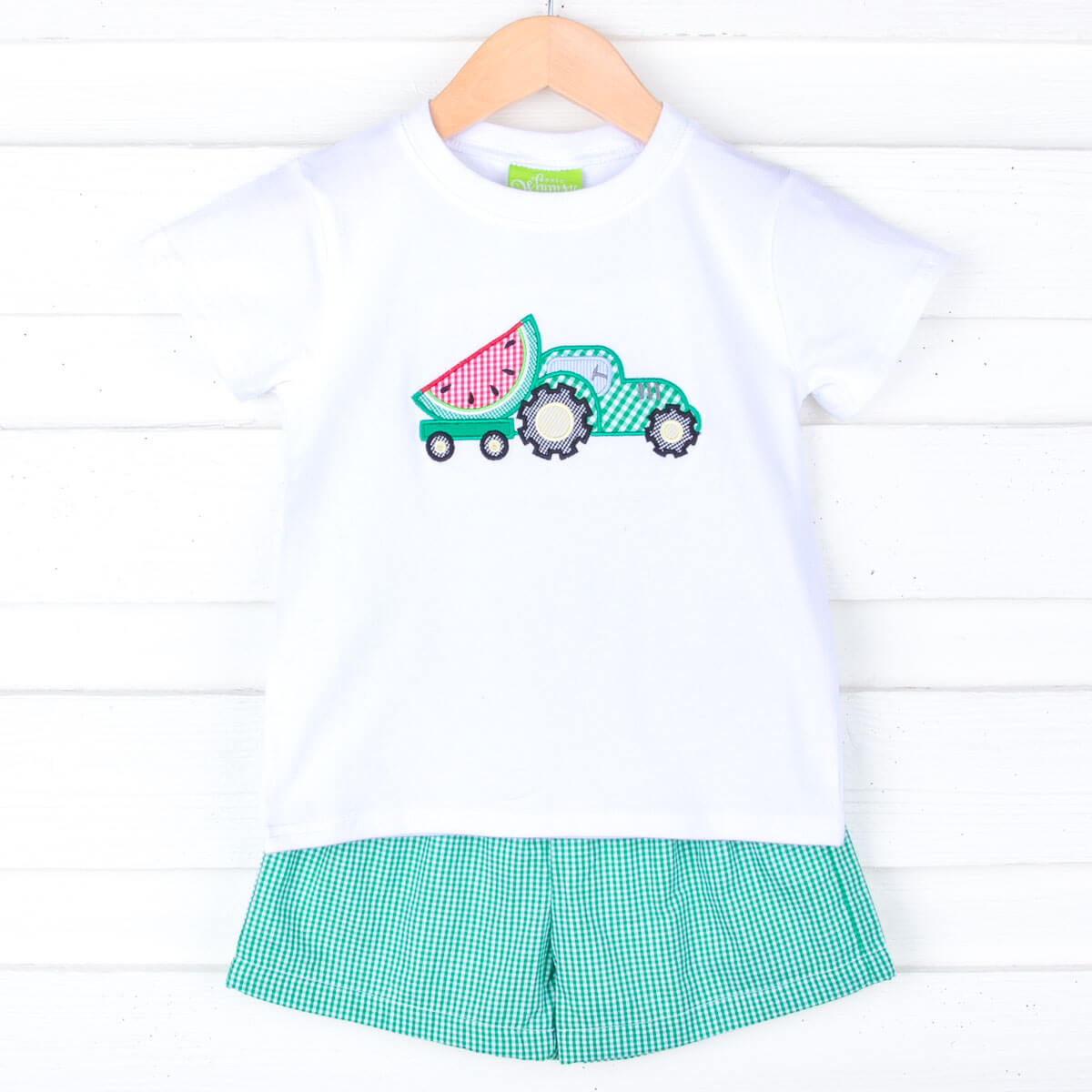 Sweet Watermelon Applique Green Gingham Short Set