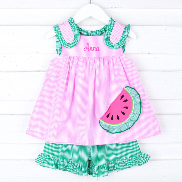 Sweet Watermelon Applique Pink Gingham Lulu Short Set