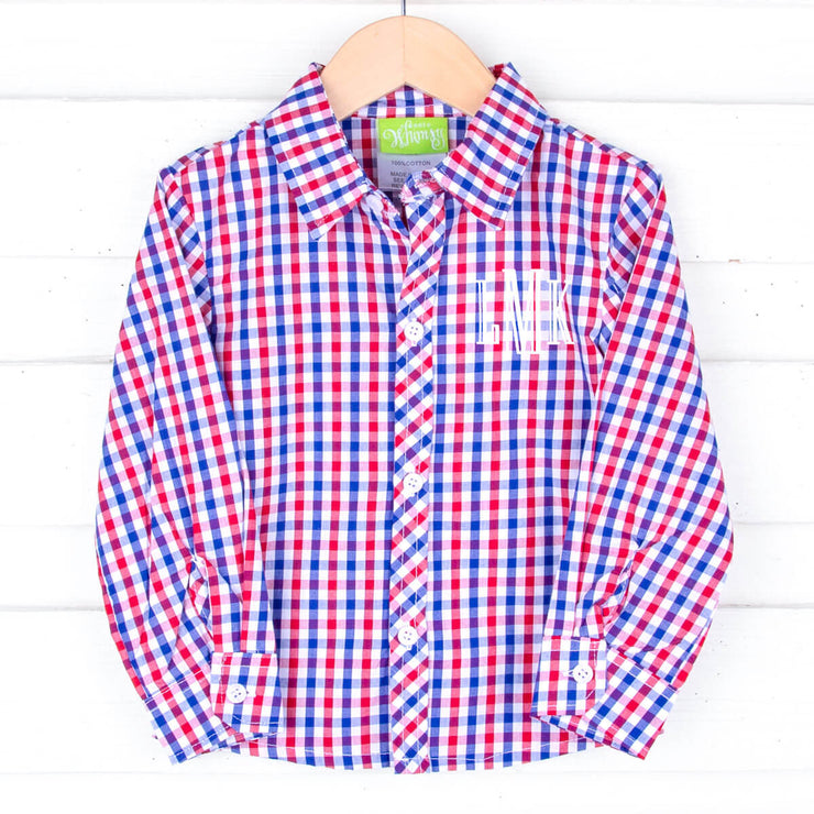 Patriotic Blue & Red Gingham Button Down Shirt