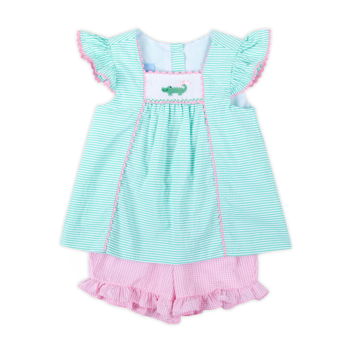 Green Seersucker Alligator Smocked Short Set