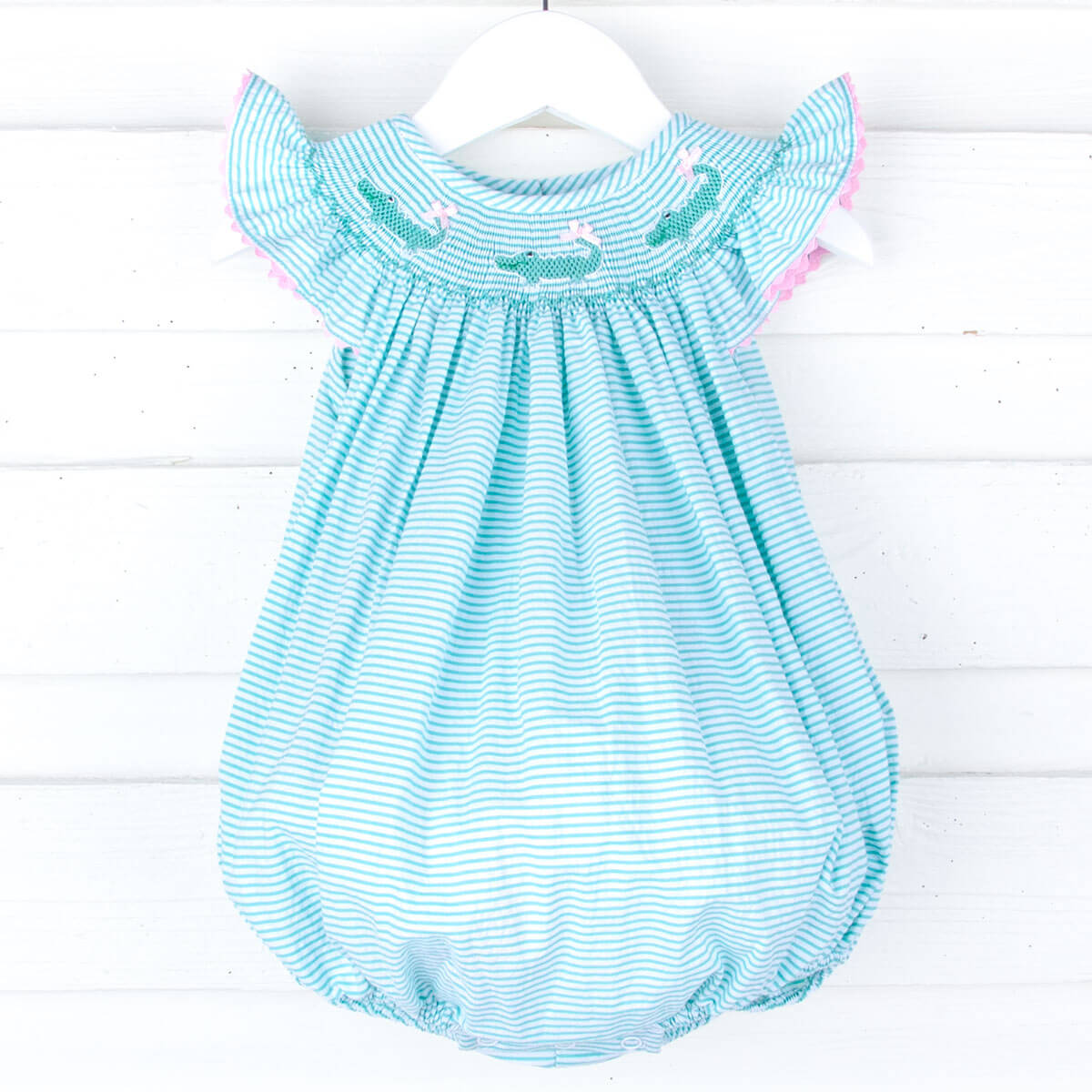 Green Seersucker Alligator Smocked Bubble