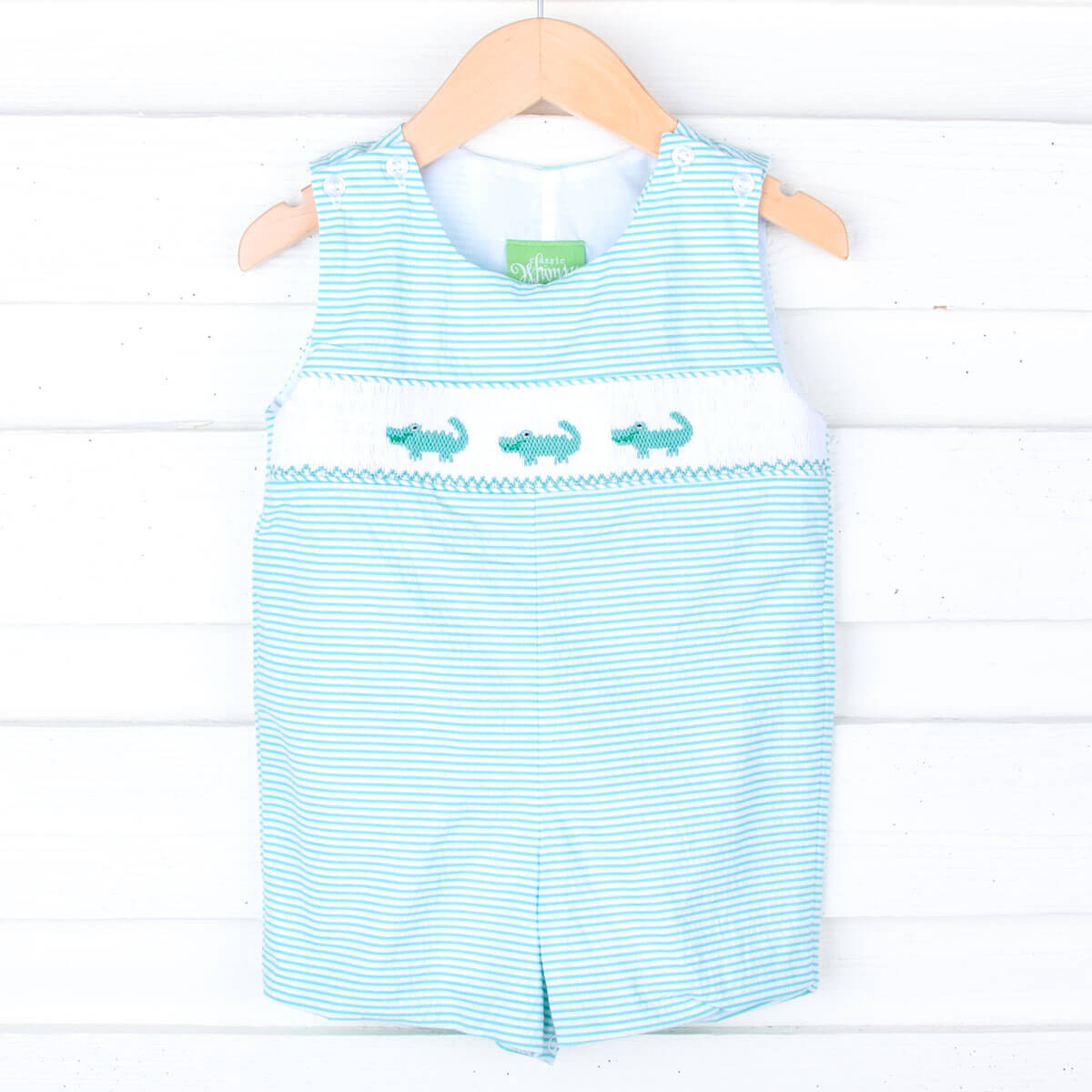 Green Seersucker Alligator Smocked Boy Jon Jon