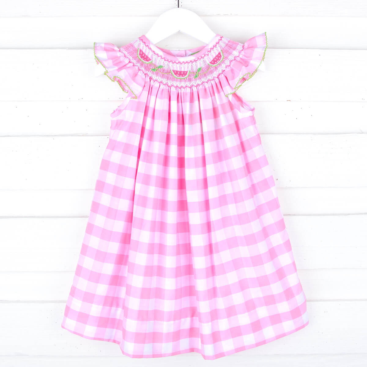 Fresh Watermelon Pink Check Smocked Angel Sleeve Dress