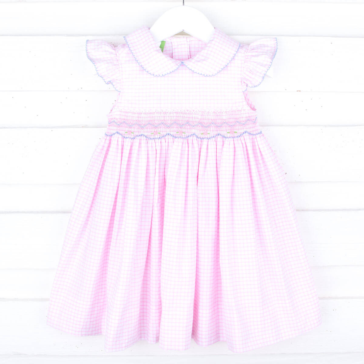 Summer Pink Windowpane Smocked Collared Dress