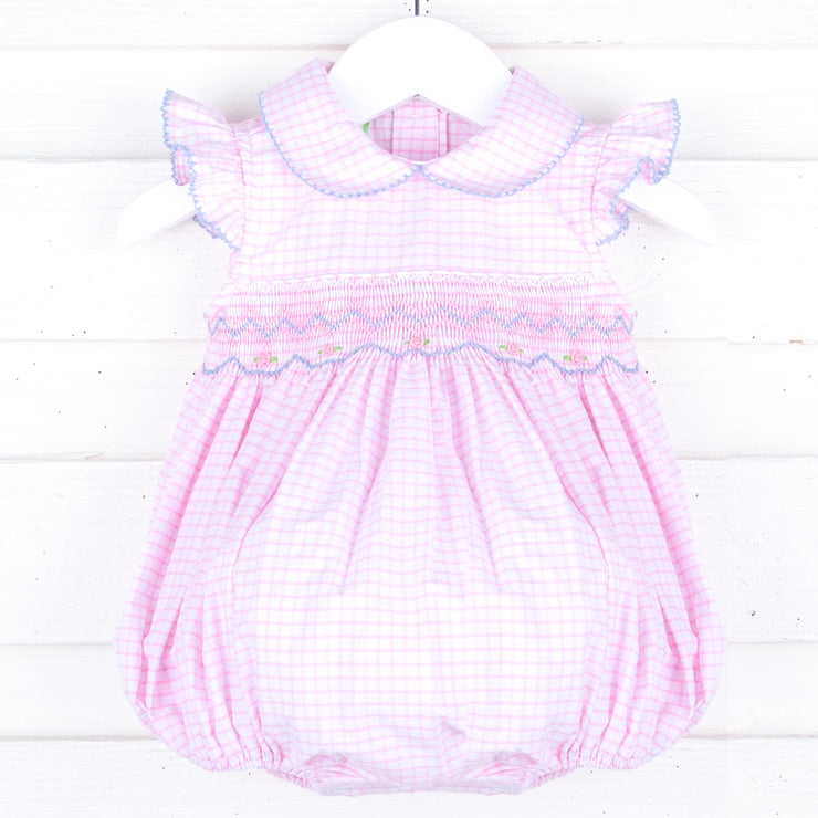 Summer Pink Windowpane Smocked Collared Bubble