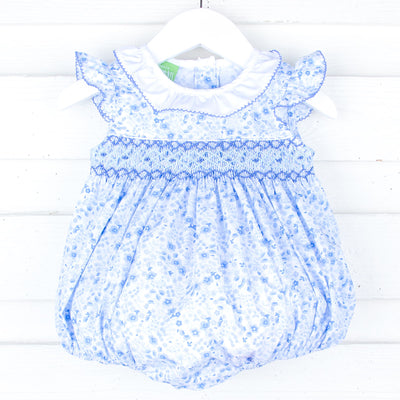 Blue Summer Floral Smocked Collared Bubble