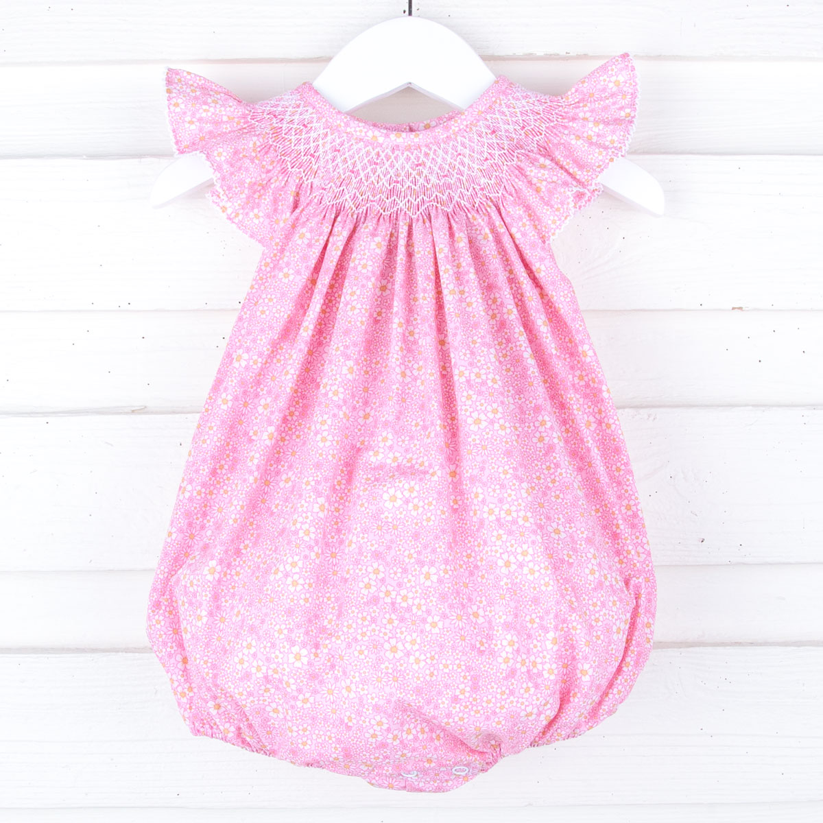 Pink Daisy Print Geometric Smocked Bubble