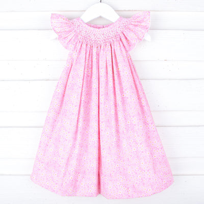 Pink Daisy Print Geometric Smocked Dress