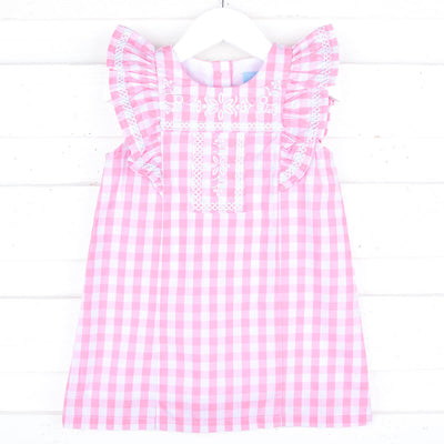 Fiesta Pink Check Embroidered Dress