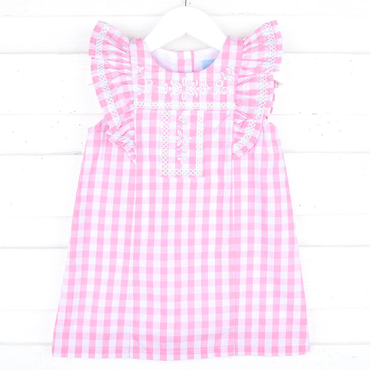 Fiesta Pink Check Embroidered Dress