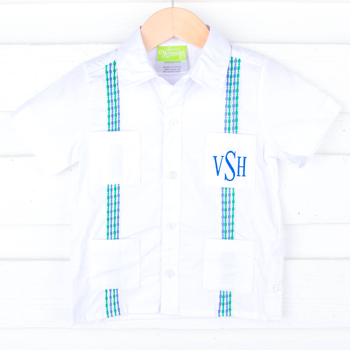White With Blue And Green Embroidered Guayabera Shirt