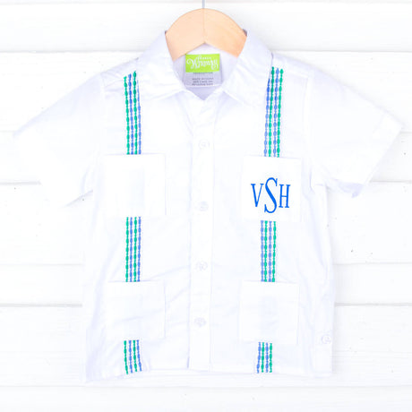 White With Blue And Green Embroidered Guayabera Shirt
