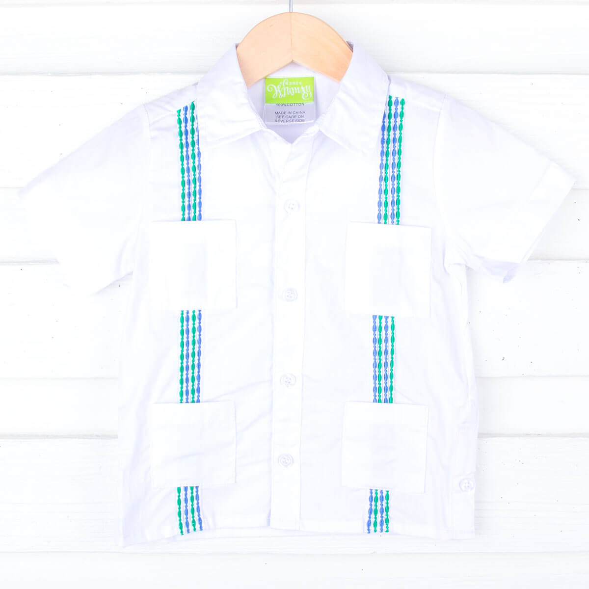 White With Blue And Green Embroidered Guayabera Shirt