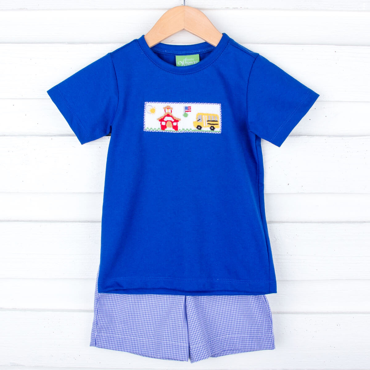 School Bus Smocked Royal Gingham Short Set