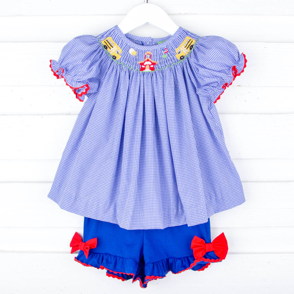 School Bus Smocked Royal Gingham Bishop Short Set
