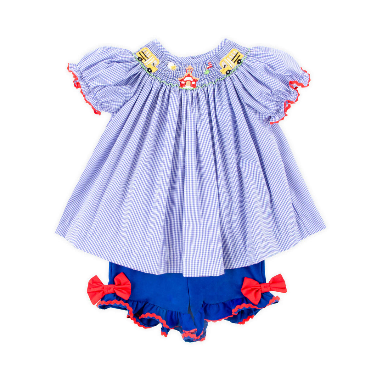School Bus Smocked Royal Gingham Bishop Short Set