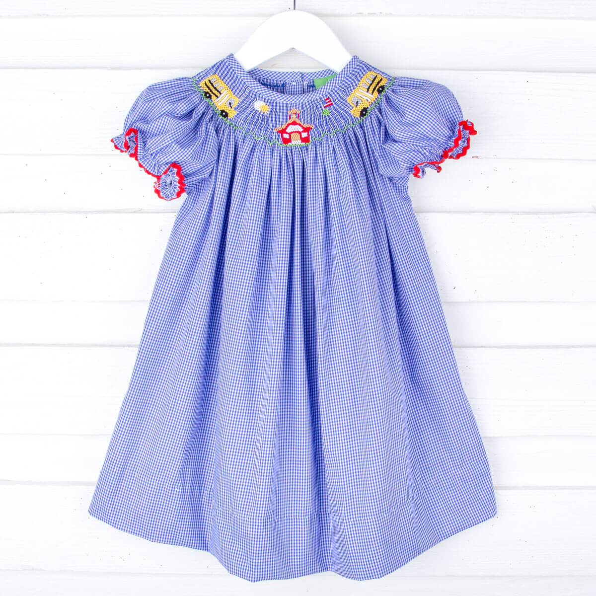 School Bus Smocked Royal Gingham Bishop Dress