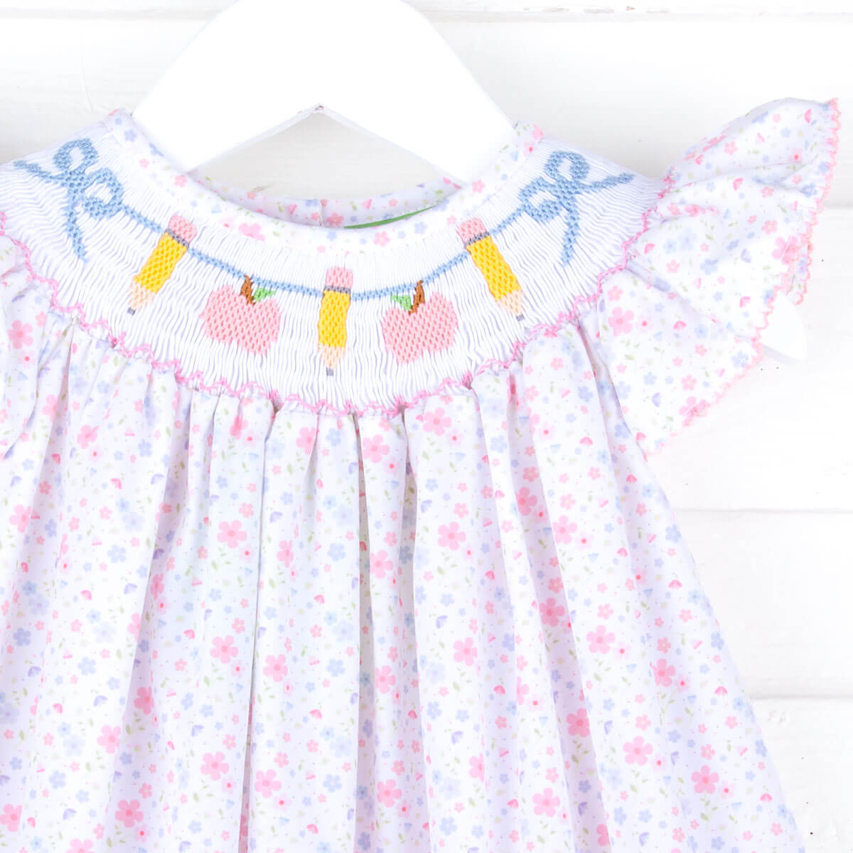 Pink Apple & Pencil Floral Smocked Dress