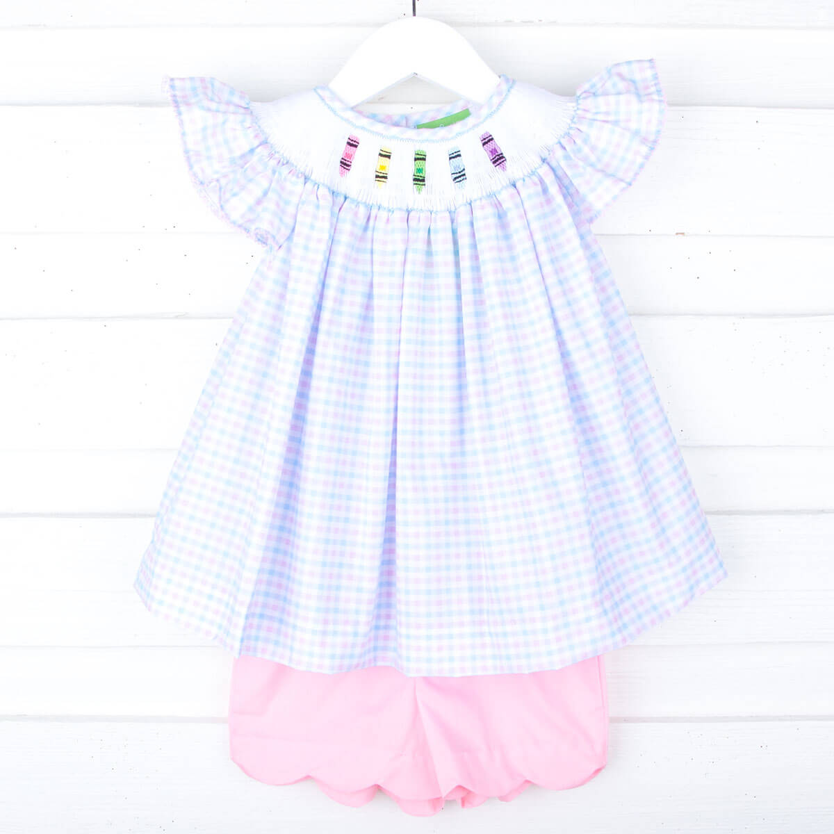 Crayon Smocked Pink & Blue Scalloped Short Set