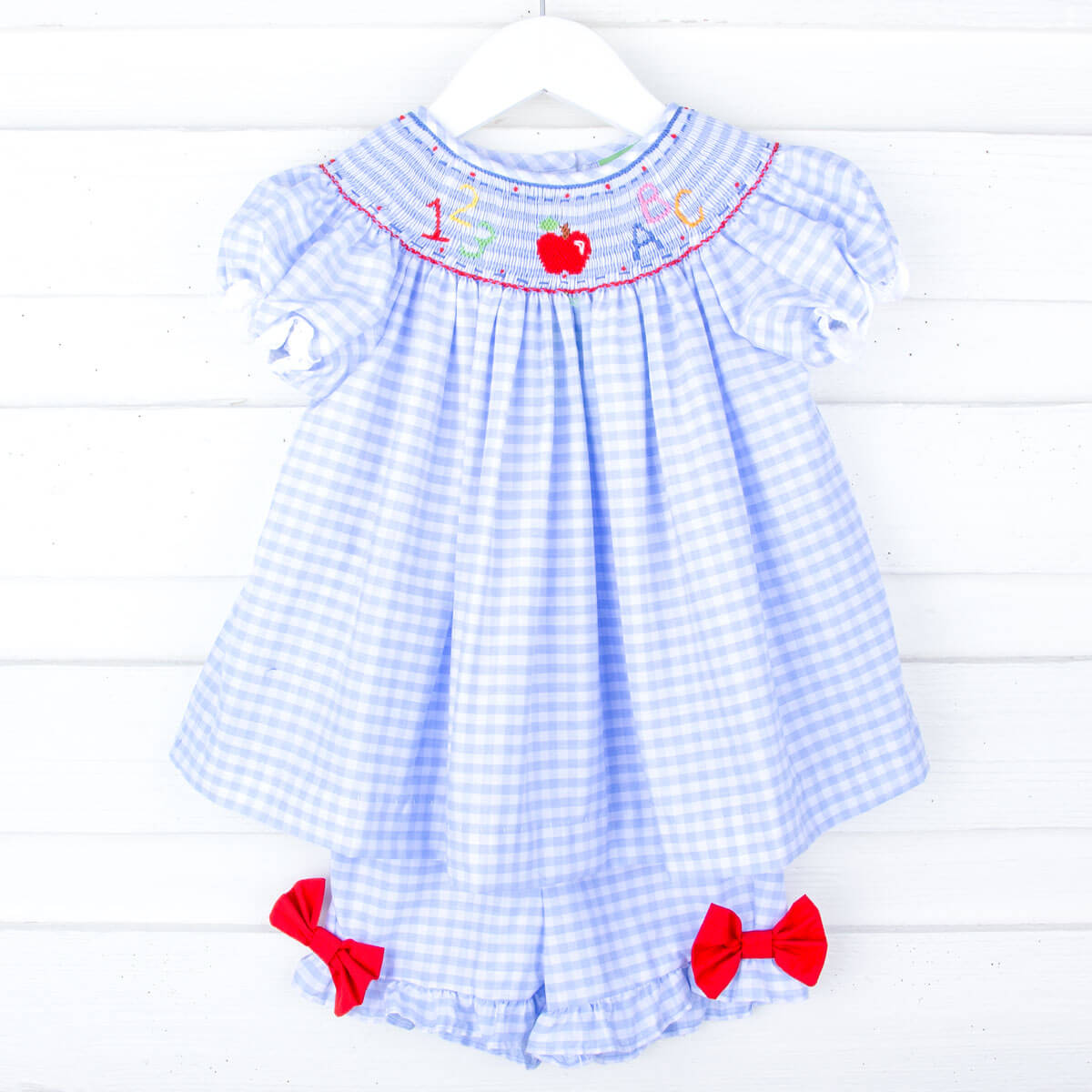ABC Smocked Light Blue Gingham Bishop Short Set