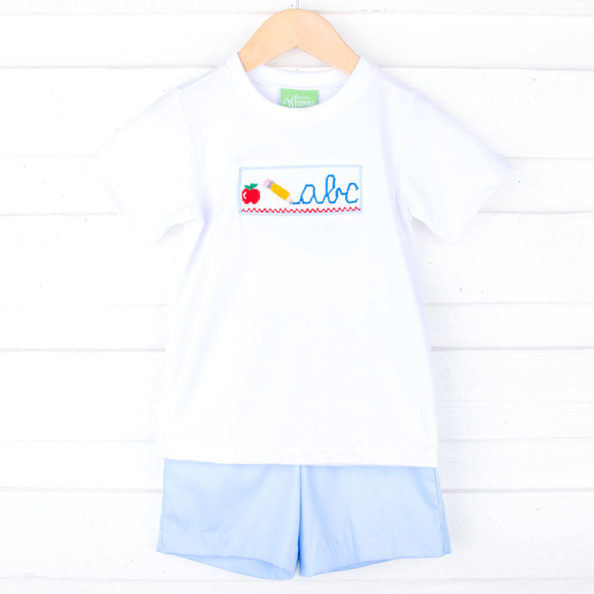 Pencil Smocked Light Blue Pique Short Set