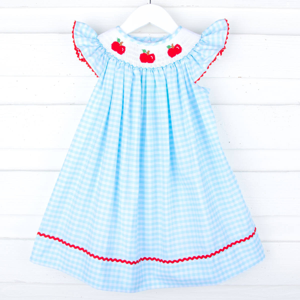 Apple Smocked Aqua Check Angel Sleeve Dress