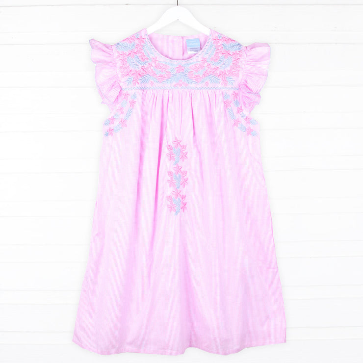 Fiesta Pink Gingham Embroidered Mom Dress