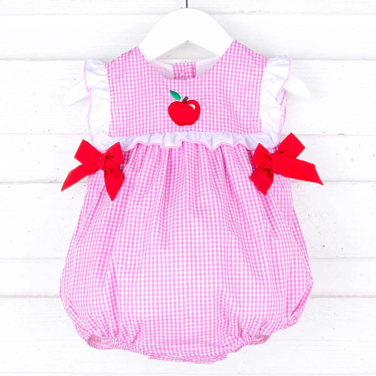 Apple Ruffle Bodice Pink Gingham Bib Bubble