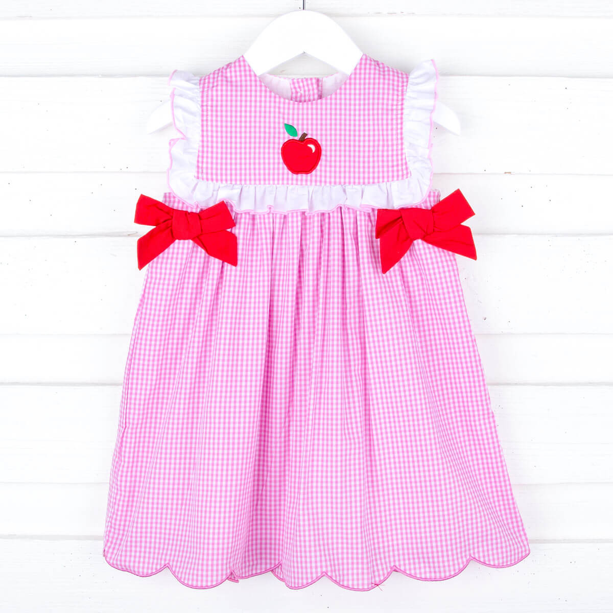 Apple Ruffle Bodice Pink Gingham Bib Dress