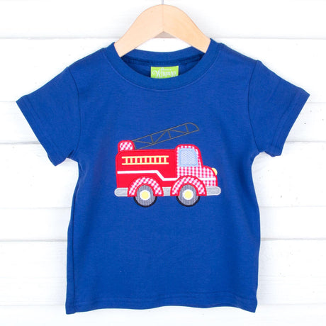 Fire Truck Applique Blue Short Sleeve Shirt