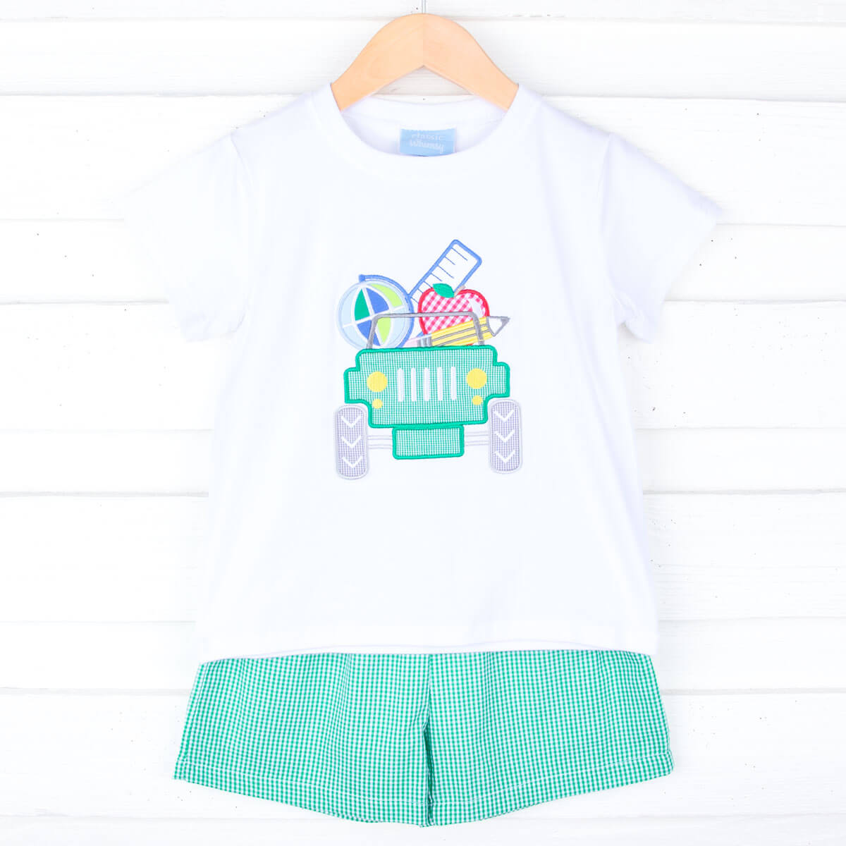 School Truck Green Gingham Short Set