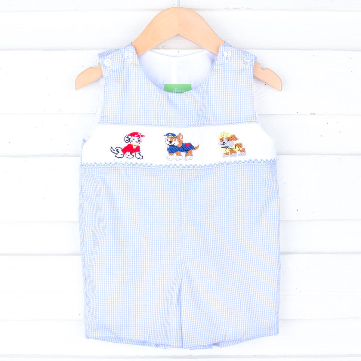 Puppy Patrol Blue Gingham Smocked Jon Jon