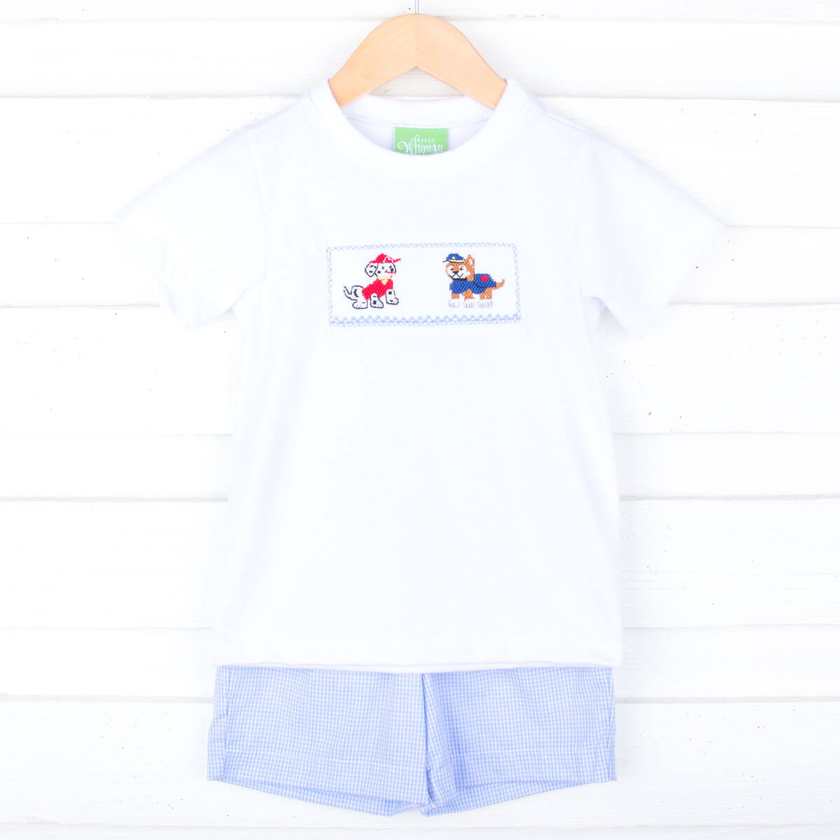 Puppy Patrol Blue Gingham Smocked Short Set